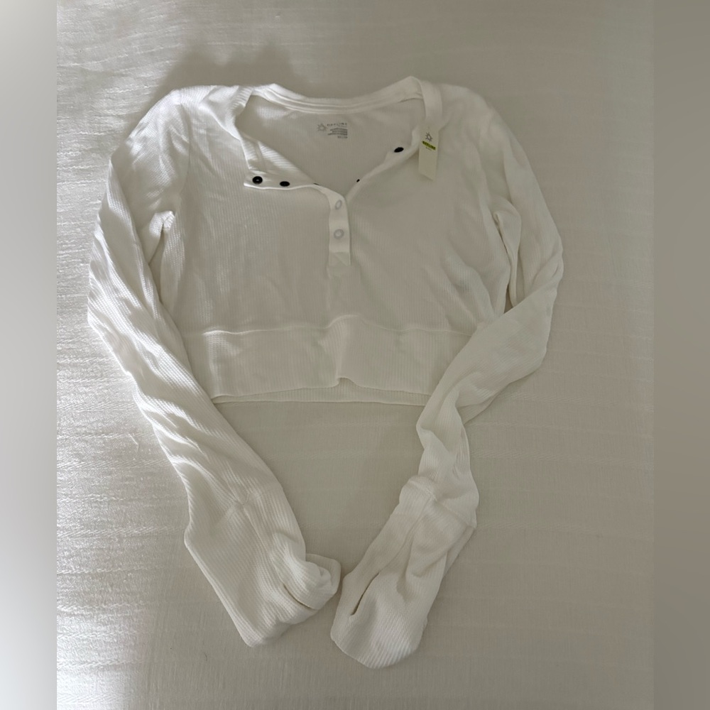 Around Cropped Waffle White Long Sleeve Henley Top